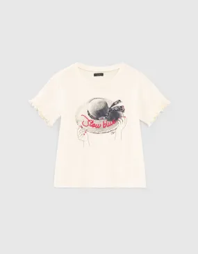 T-shirt écru coton bio capeline brodée fille